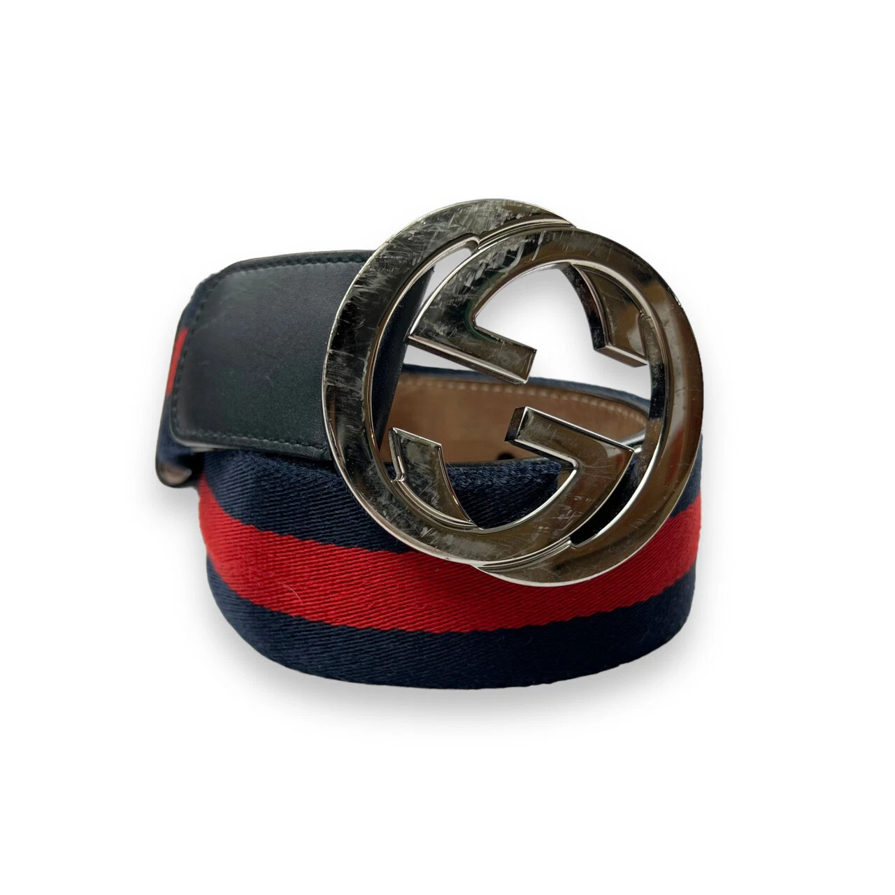 Ceinture Gucci bleu marine et rouge toile rayée argentée boucle GG