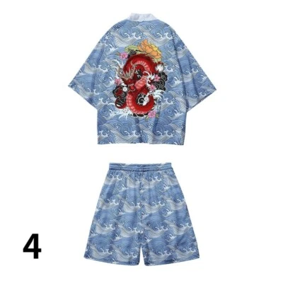 Herren Kimono Mantel Japanisch Outwearlinie Top Shorts Kostüm Fisch Drache Welle - Bild 1 von 4