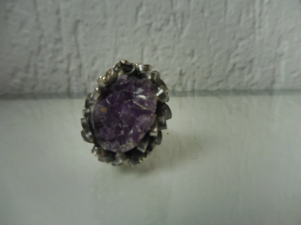 Anello Vecchio Molto Bello In Argento 925 Con Ametiste Naturali - Immagine 2 di 4
