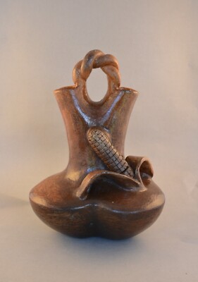 Large 12.5'' Tall  Navajo Wedding Vase Pot - Heart Base with Twisted Clay Handle