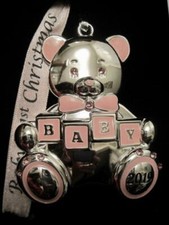 2019 DATED BABY'S 1ST CHRISTMAS SILVER ORNAMENT GIRL PINK SWAROVSKI CRYSTALS NIB