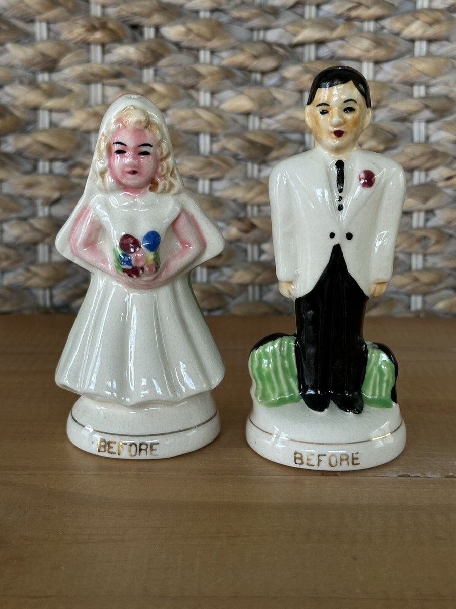 Vintage Pair of Salt Pepper Shakers Before/After Marriage Couple