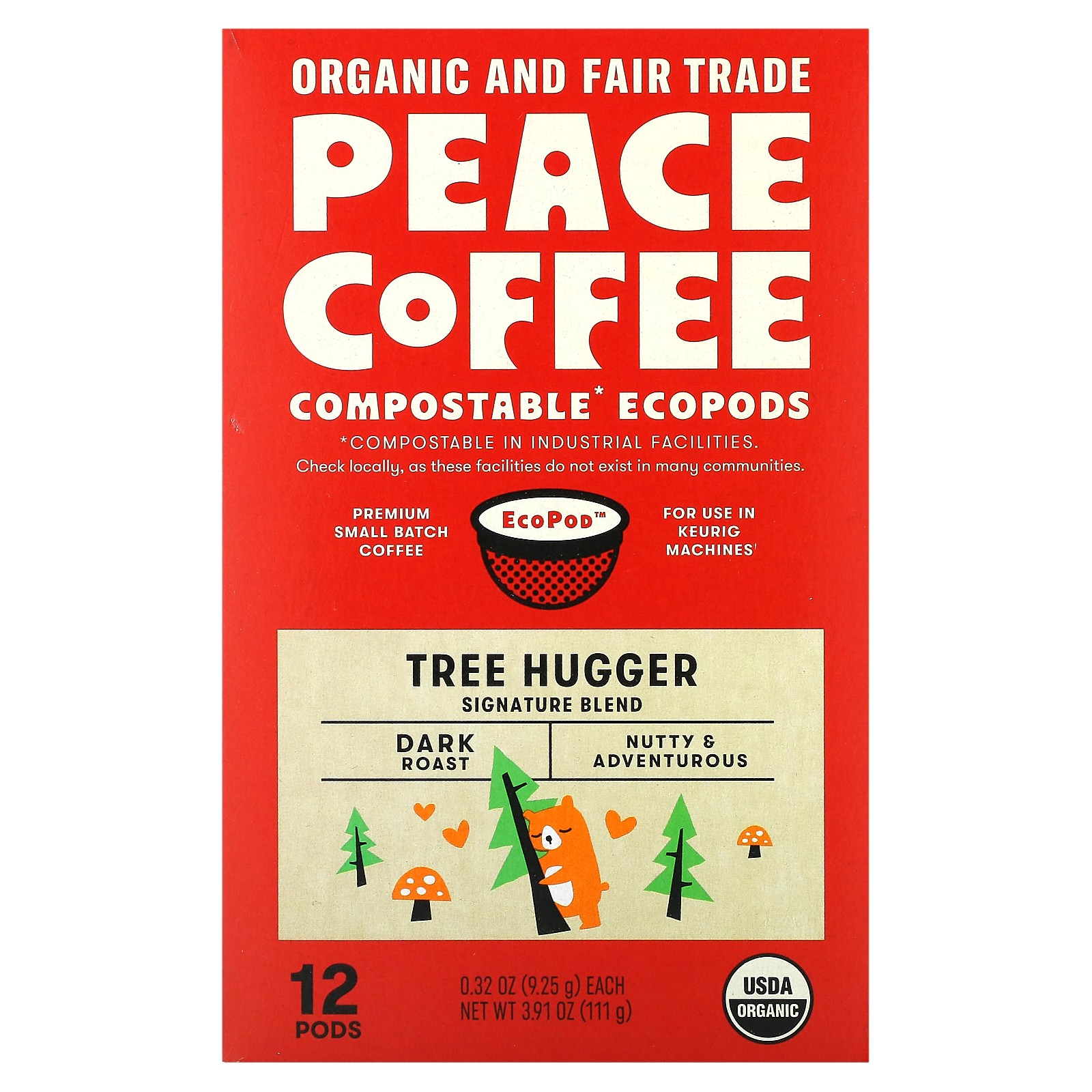 Organic Tree Hugger, Темная обжарка, 12 стручков, по 0,32 унции (9,25 г) каждый