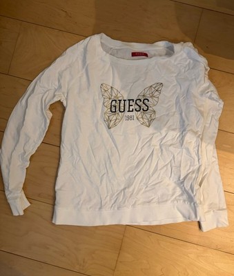 GUESS Damen Strickpullover Weiß Langarm Rundhals Logo, Größe S/M