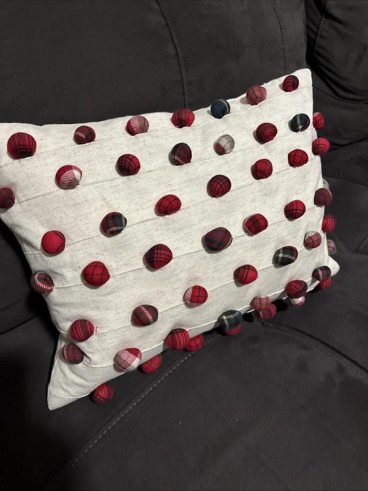 POTTERY BARN Plaid Pom Pom Lumbar Pillow With Feather Insert 12x16 Christmas EUC - Image 3 of 4
