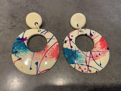Vtg Large Spatter Paint Hoop Earrings Plastic? 80 s Chic WATCHER S SPECIAL  