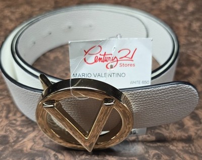 MARIO VALENTINO GIUSY GOLDTONE V-LOGO BUCKLE WHITE EMBOSSED 