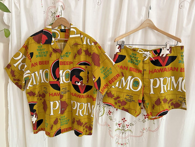 Vtg 60s-70s Hawaiian Holiday Primo Beer Aloha Shirt & Board Short Set L/34