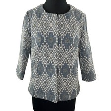 MNG by Mango Suit Collection Blue Tweed Aztec 3/4 Sleeve Short Blazer Jacket M