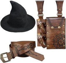 Medieval Ren Faire Alchemy Bag with 2 Potion Vials, Belt & Witch/Wizard Hat