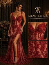 Beaded Lace Fabric Red Embroidered Tulle Sequined Bridal Evening Wedding