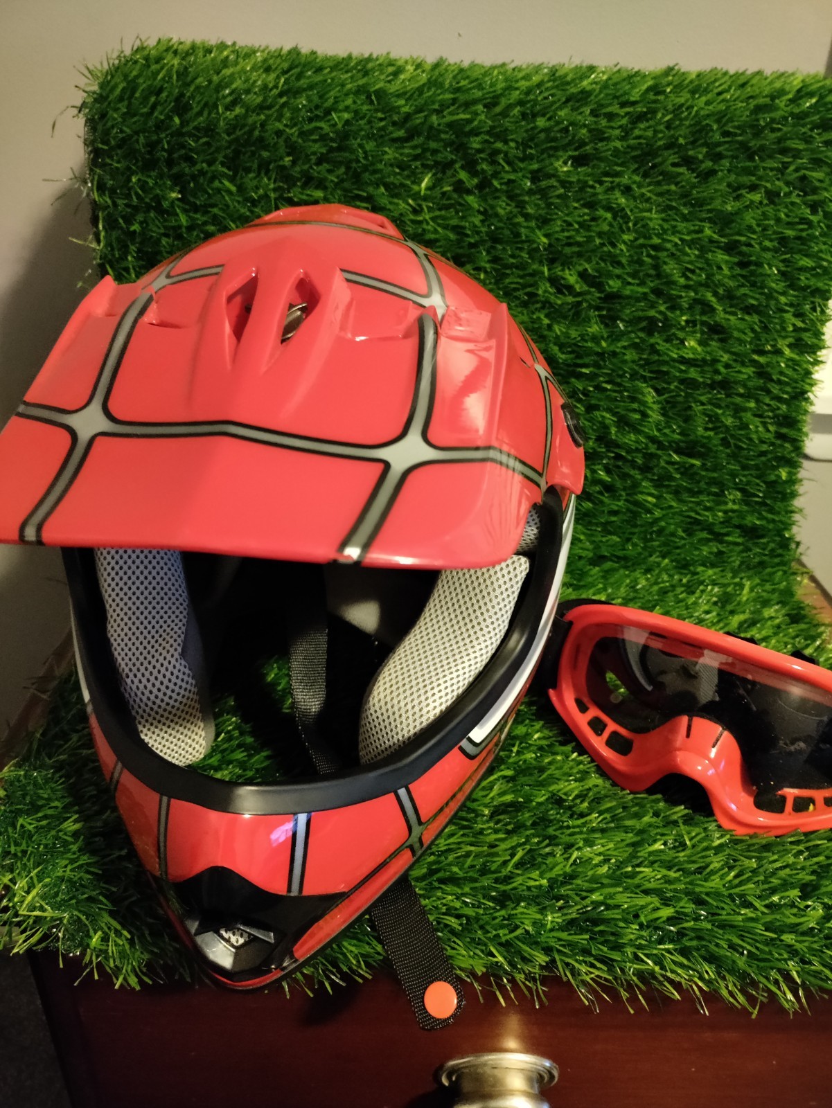 💓TCMT DOT Youth Red Spider Net Dirt Bike Motocross Helmet Goggles Size S
