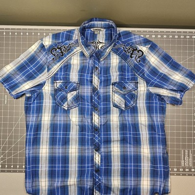 Fame Jeans Machine Shirt XXL Blue Plaid Gothic MMA Embroidered Affliction Biker