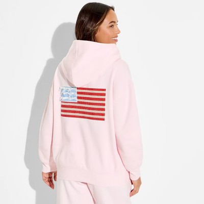 Women Oversized Hooded Pullover Sweatshirt - Wild Fable Light Pink Flags S
