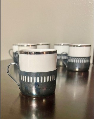 Bellini Silver plate Veracruz Porcelain Expresso Cup Set Of 6 Vintage Brazil