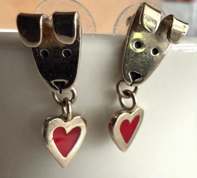 Anne & Jane Sterling Silver Dog & Dangling Red Enamel Heart  Post Earrings #429