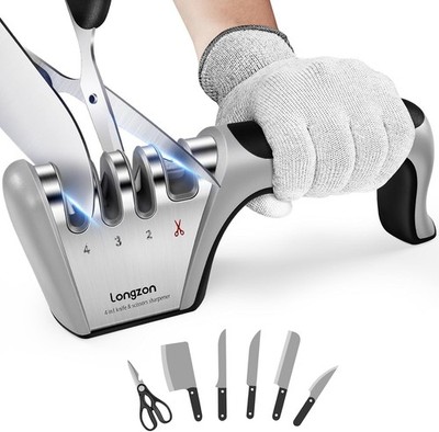 Longzon 4-in-1 Knife Sharpener [4 Stage] with a Pair of Black+Silver 