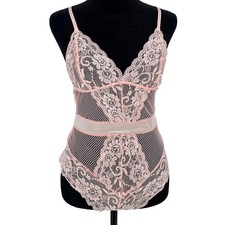 Garmol Peach Pink Floral Lace Fishnet Bodysuit Satin Tie Back Small NEW