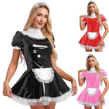 Women's PVC Leather French Maid Costume Outfits Anime Cosplay Apron Fancy Dress