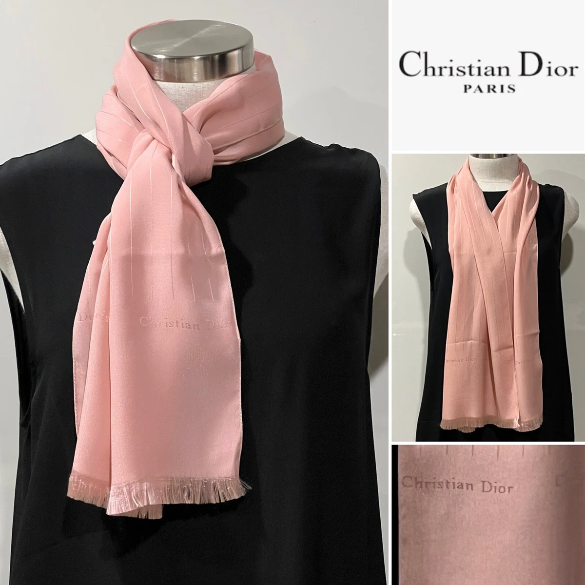 CHRISTIAN DIOR Vintage Salmon Pink Silk, Satin Pin-Striped Scarf-UNISEX  30x134cm