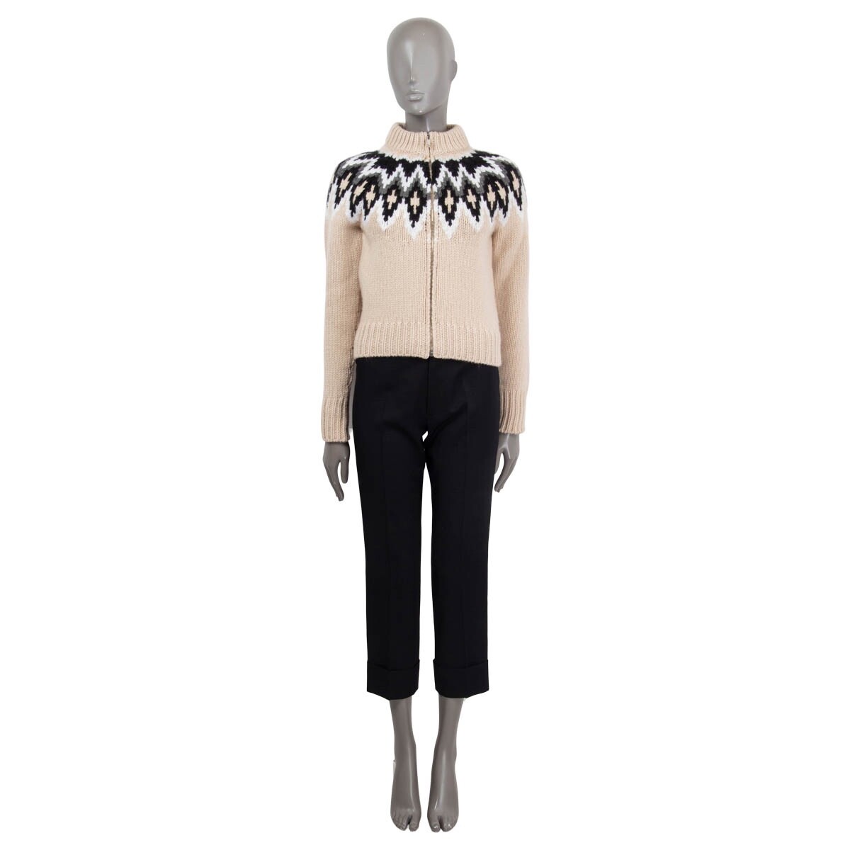 66859 auth PRADA beige cashmere wool FAIR ISLE ZIP FRONT Cardigan