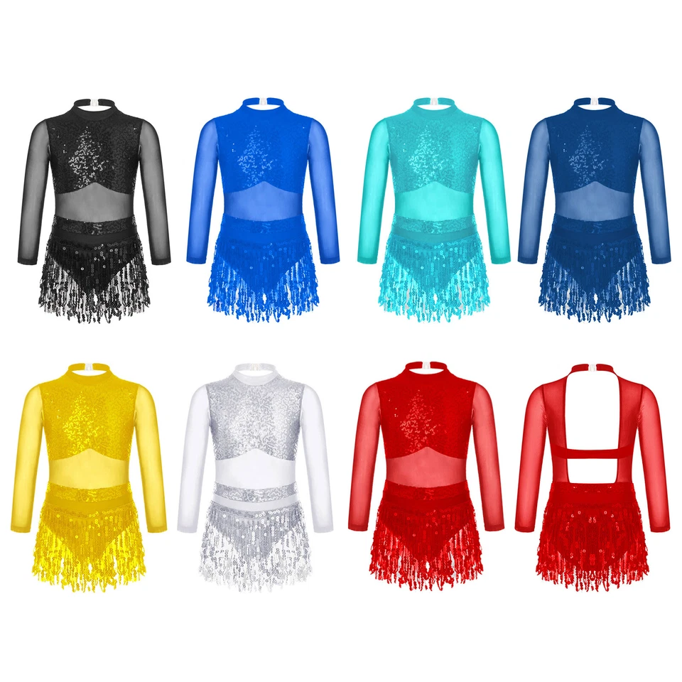 Girls Sparkle Sequin Tassels Leotard Dress Mesh Splice Latin Tango Dance Costume - Image 3 of 3