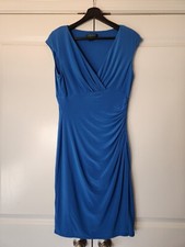Lauren Ralph Lauren Dress Size 10 Blue Bodycon  Cap Sleeve Stretch Side Roushing