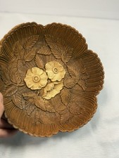 Vintage Hand Carved Wooden Floral Bowl Leaf Flower Design Rustic 9  