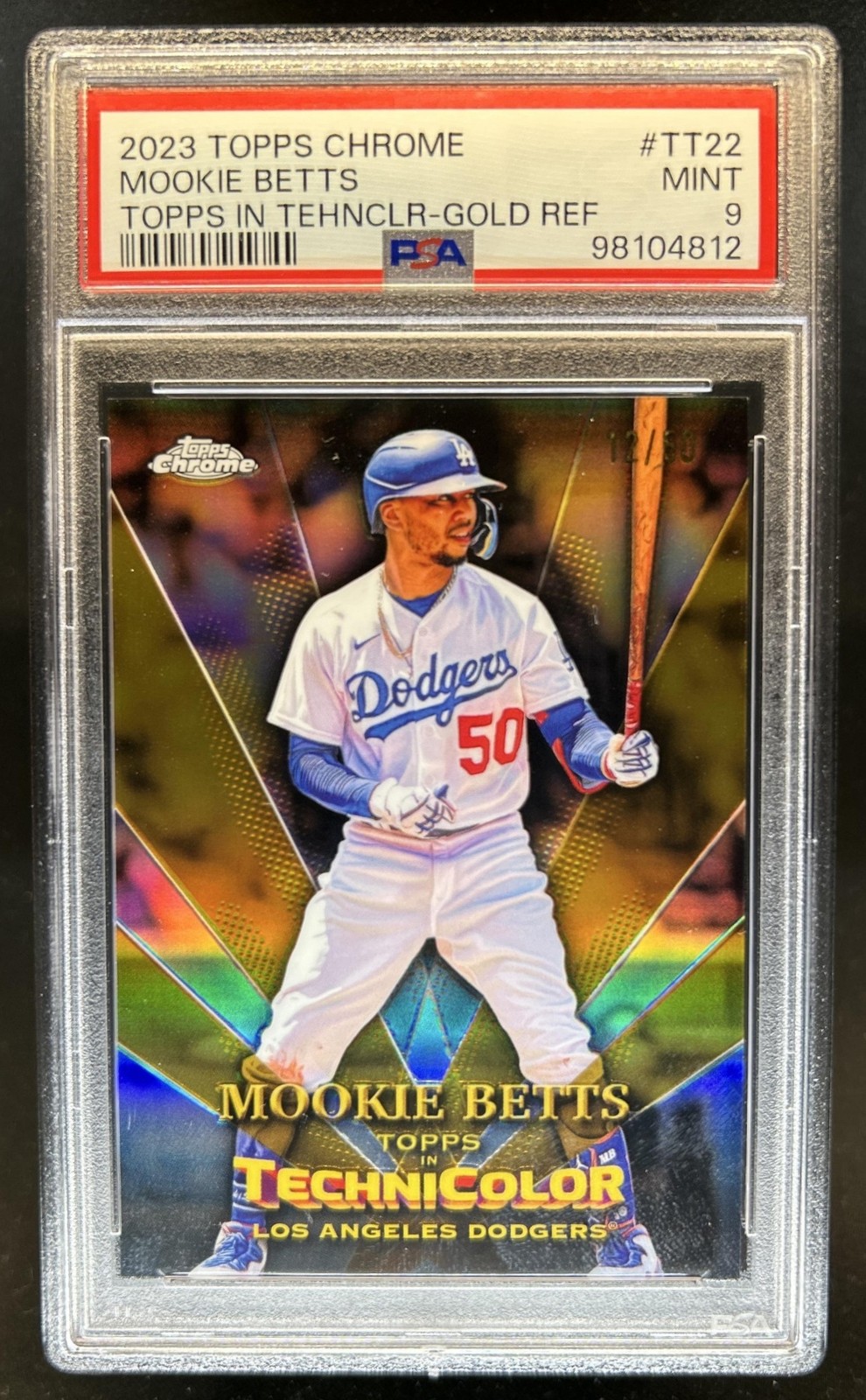 2023 Topps Chrome Mookie Betts in Technicolor Gold Refractor #/50 Dodgers PSA 9 view 1
