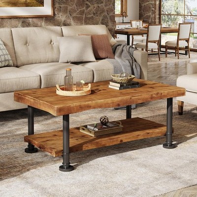 47'' Coffee Table, Farmhouse Solid Wood Accent Center Table with 2-Tier