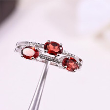 Garnet Three Stone Ring: 925 Sterling Silver January Birthstone Ring Jewelry