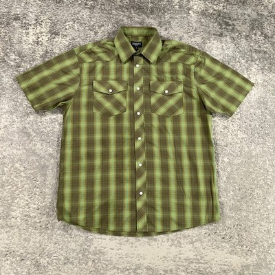Gioberti Western Shirt Mens Medium M Green Plaid Pearl Snap Cowboy Rockabilly