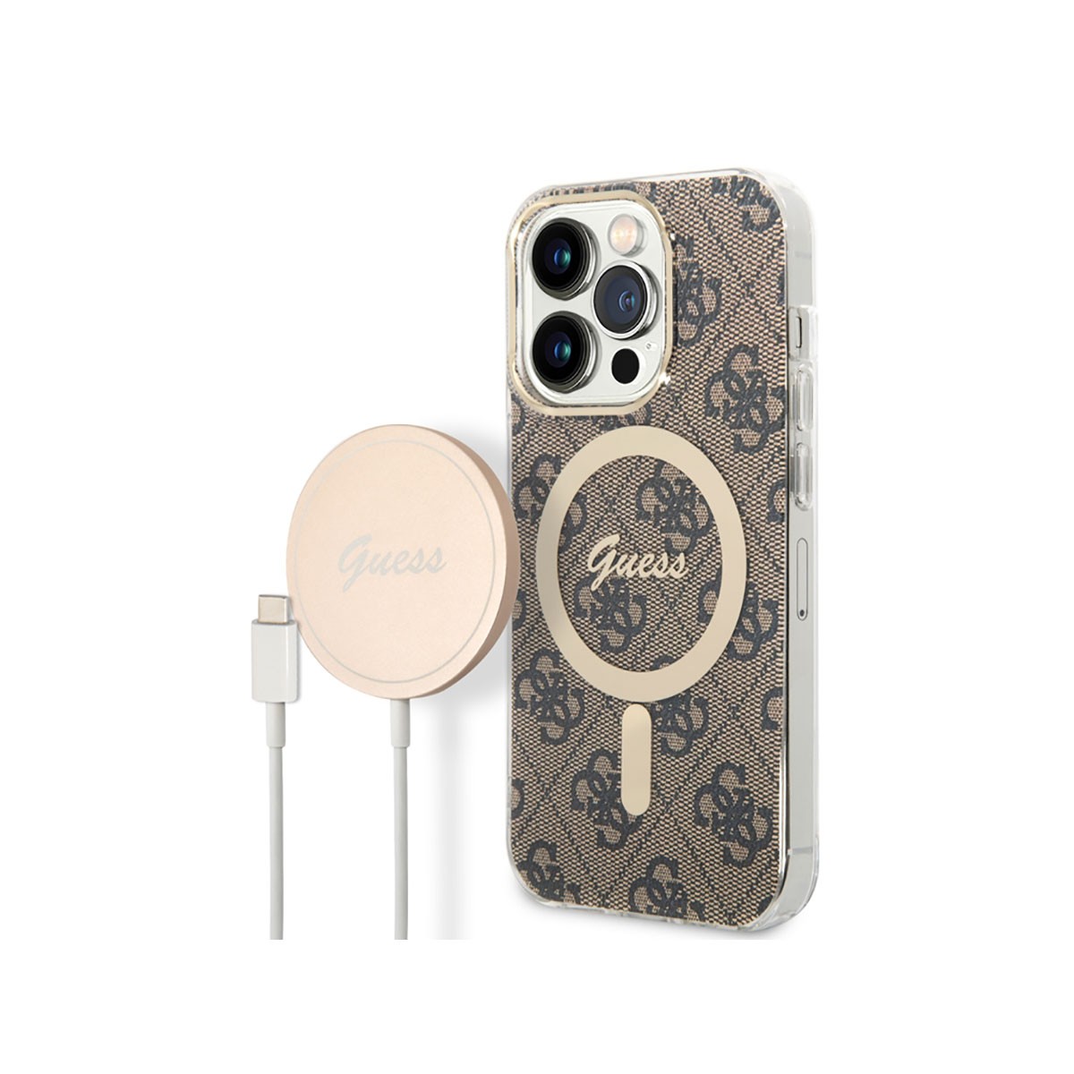 Coque iPhone 14 Pro marron anti-chute et chargeur 15W sans fil contre les pannes de batterie