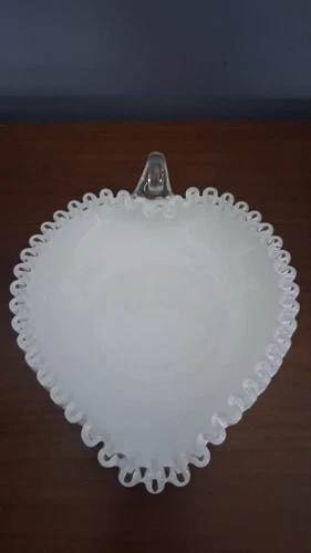 Vintage Fenton Silver Crest Milk Glass Heart Shaped Ruffled Edge Dish