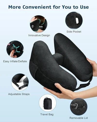 Travel Pillow Inflatable Neck Pillow Airplane Pillow with Velvet Medium Black