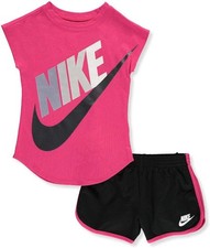 NIKE Kids Girl's Script Futura Tee Shorts Set Hyper Pink Black Shorts Size 4