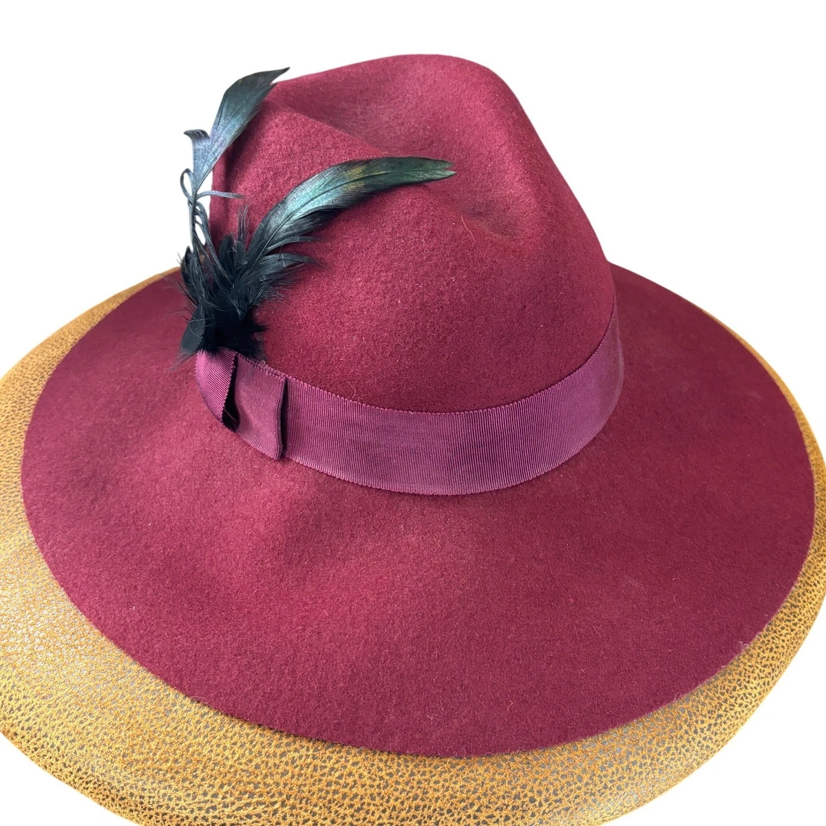 Adolfo Realites Purple Wool Fedora Hat With Beige Ribbon Bow Feather Accent Sombrero 9.5cm Fedora hat bow feather accessories autumn and  main image 3