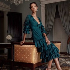 Saylor Millie Emerald Lace Midi Dress Tiered Ruffle V Neck Size Small Green Chic