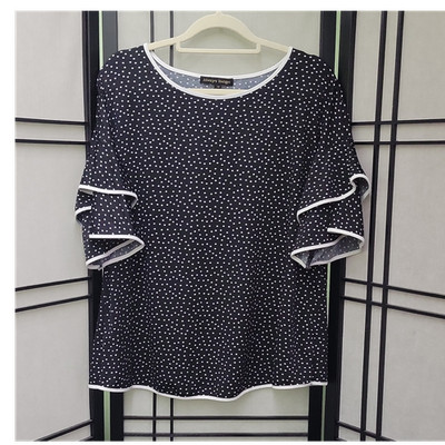 Always Indigo Black White Polka Dot Ruffle 3/4 Sleeve Top Round Neck Plus 1X