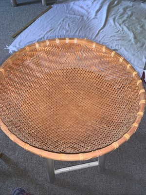Large Vintage Winnowing Basket Bowl 14  Handwoven Bamboo Rattan USA PRIMITIVE
