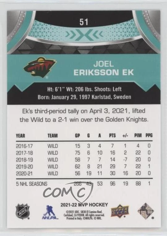 2021-22 Upper Deck MVP Super Script /25 Joel Eriksson Ek #51 - Image 2 of 2