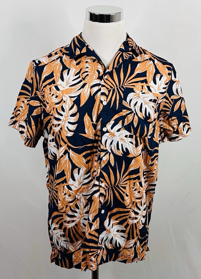 Camisa Onia Mediana Hawaiana Aloha Azul Marino Naranja Floral Palmeras Mezcla de Algodón Foto 2 de 4