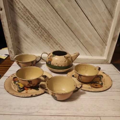 Snow White Ohio Art Tin Litho Tea Set 1937 Walt Disney Seven Dwarfs 7 Pieces