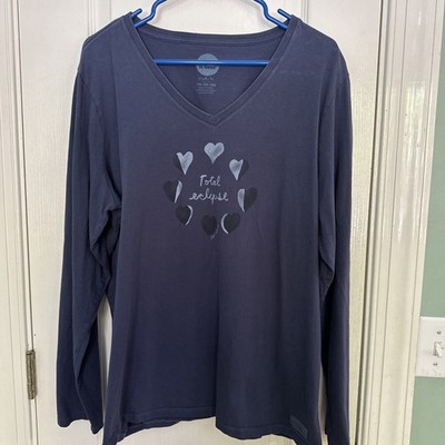 Life Is Good XXL Blue Total Eclipse Long Sleeve V-Neck Cotton Crusher Tshirt