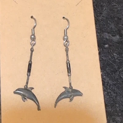 Silver Dolphin Sea Life Dangle Drop Hook Earrings Metal, 3 in - Image 1 of 3