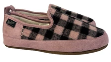 Woolrich Fleece Moccasin Slippers Pink Black Plaid Faux Suede Padded Size 8