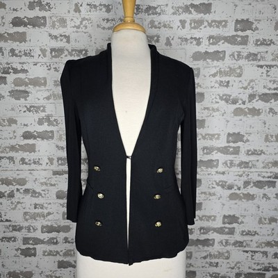 Ming Wang Cardigan Blazer Womens Size Medium Black Knit Gold Buttons Zip Sleeve