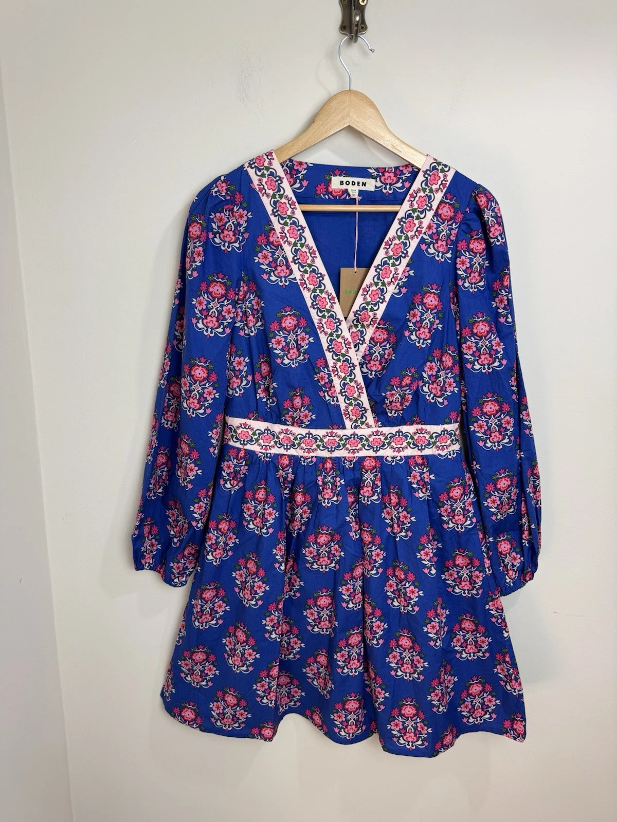 Boden Mya Cotton Floral Mini Dress Blue Pink Long Sleeve V Neck UK 12 Boho