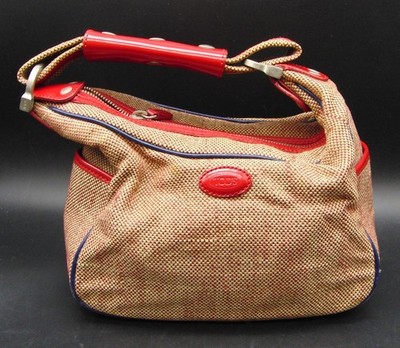 Authentische Tod's rot & beige Webstoff Tweed Stil Handtasche mit Lackgriffen