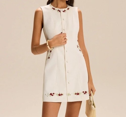 Commense Minikleid Damen L weiß mit roten bestickten Rosen Neu mit Etikett Stoffknöpfe